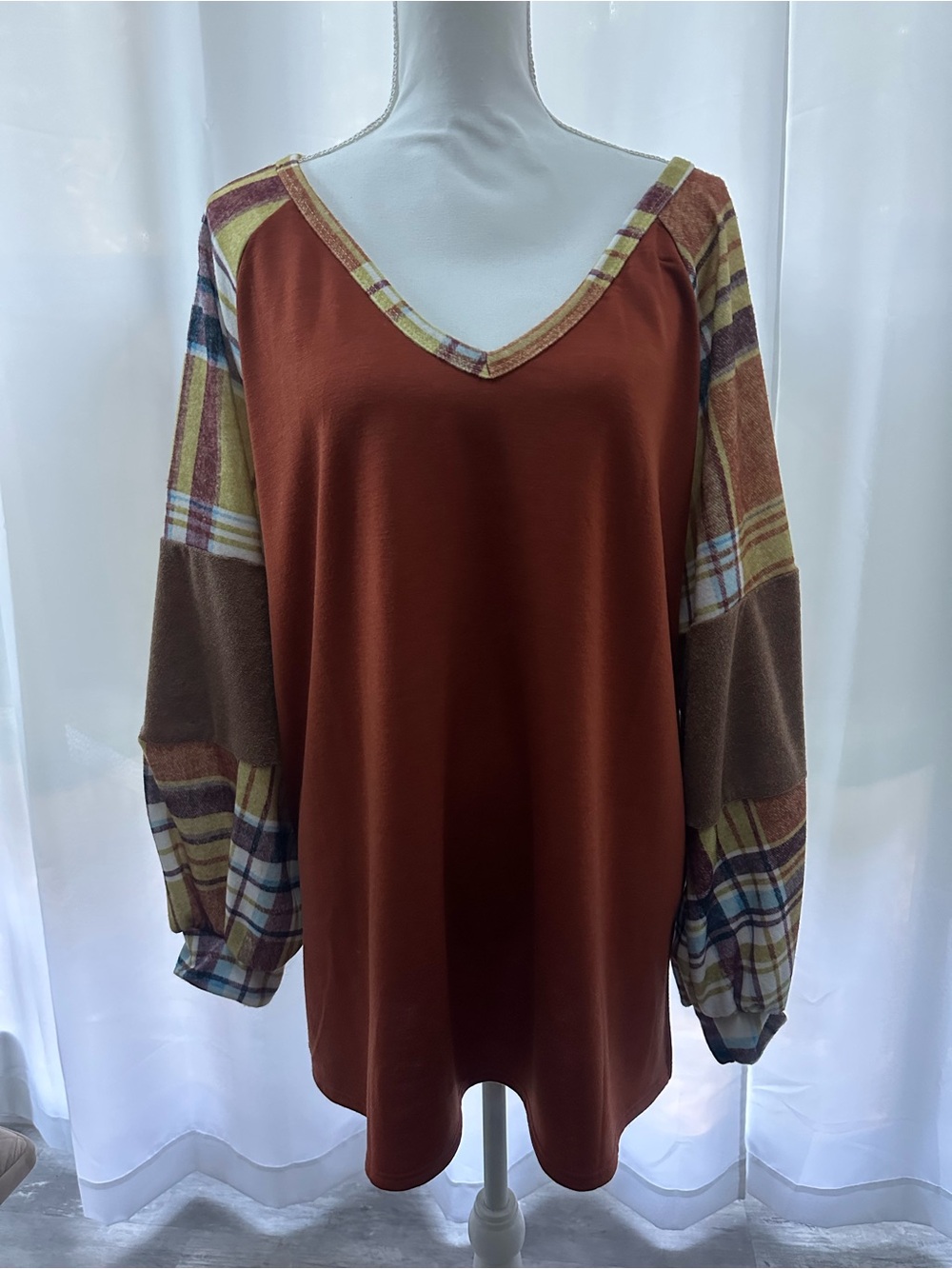 BiBi Rust V-Neck Tunic with Plaid & Brown Block Sleeves